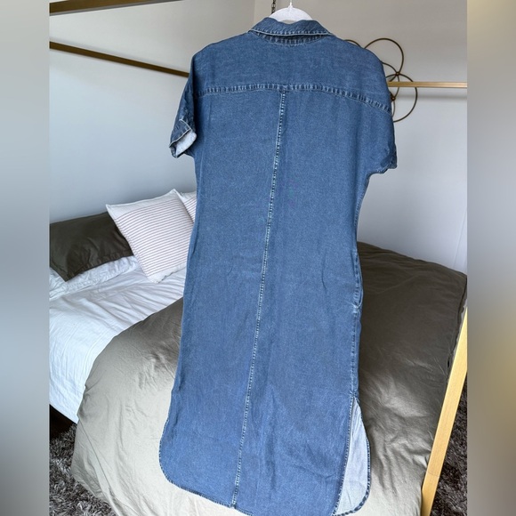 Soft Surroundings Denim Short Sleeve Button Shirt Dress Womens S Blue Midi Slit - Picture 2 of 14